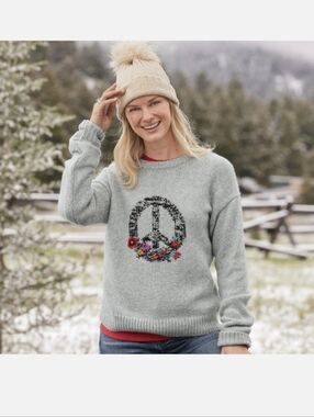 SUNDANCE  Gray Floral Peace Sign Knit Sweater XS
